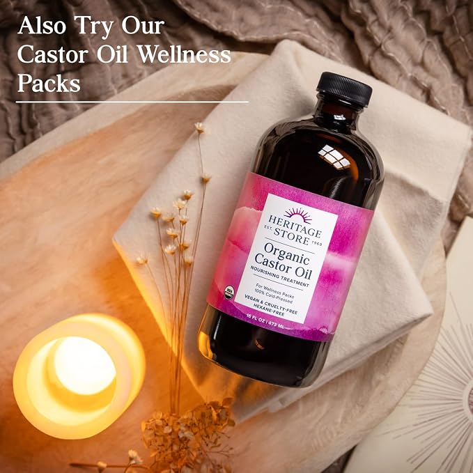 HERITAGE STORE Organic Castor Oil - 32oz Glass Bottle - Nourishing Treatment for Hair and Skin Care - Eyelash Serum for Eyelashes and Brows - Cold Pressed, Hexane Free, Vegan - 32oz