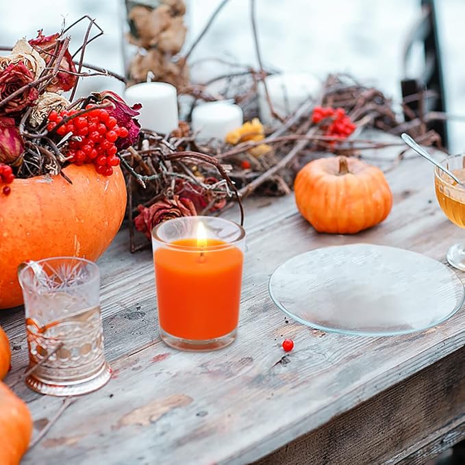 Set of 20 Orange Votive Candles Clear Glass Filled Unscented Soy Wax Candle for Home Halloween Fall Harvest Thanksgiving and DIY