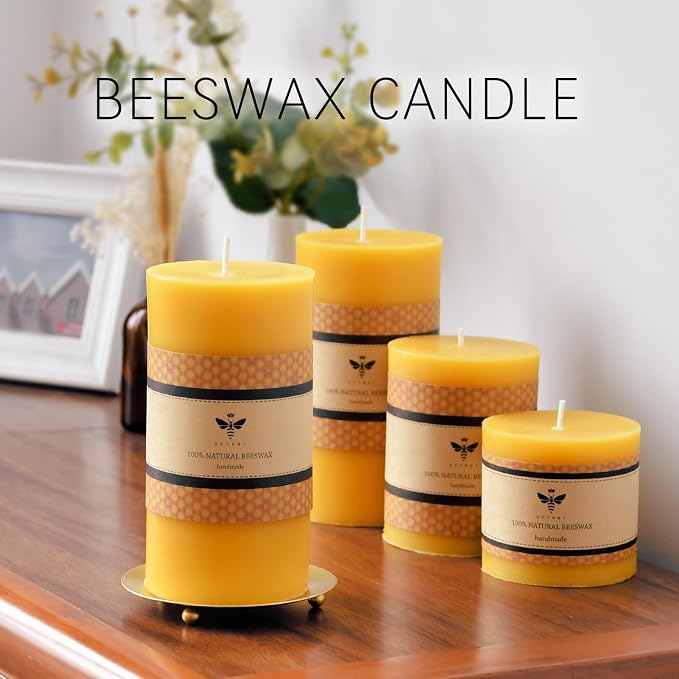 DEYBBY 3x6 inch Natural Beeswax Pillar Candle Set of 4, Smokeless Dripless Pure Organic Beeswax Candles with Natural Scent for Blackout Home Decoration Spa Relaxation（Yellow）