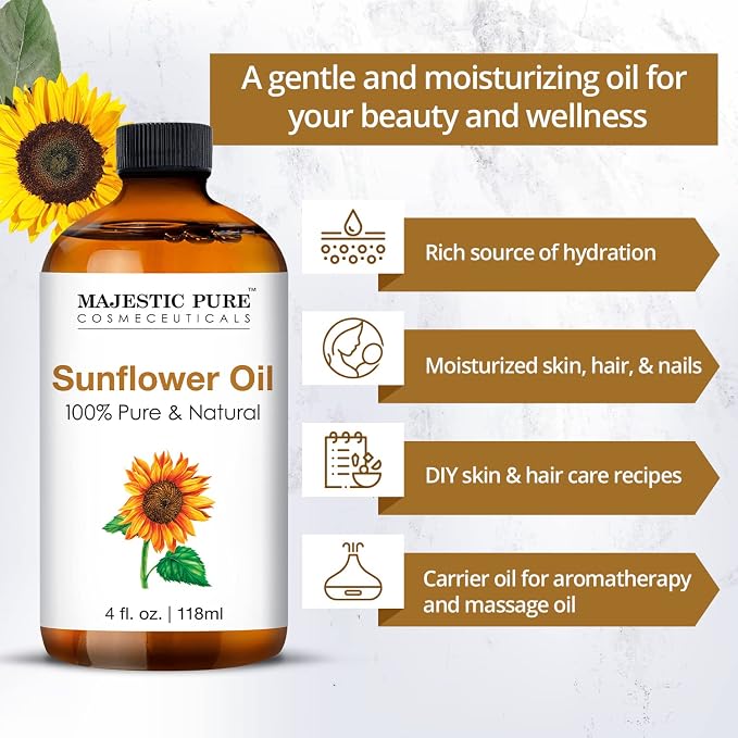 Majestic Pure Essential Oil with Glass Dropper - 100% Pure and Natural - Essential Oils for Diffuser, Aromatherapy, Soap and Candle Making, Sunflower Essential Oil, Sunflower Oil, 4 Fl Oz