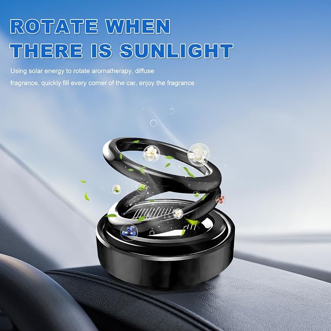 Solar Rotating Car Air Freshener, Solar Energy Refillable Car Dashboard Aromatherapy Ornament, Double Ring Fragrance Diffuser Decorative Accessories for Vehicle Home Office (Black)