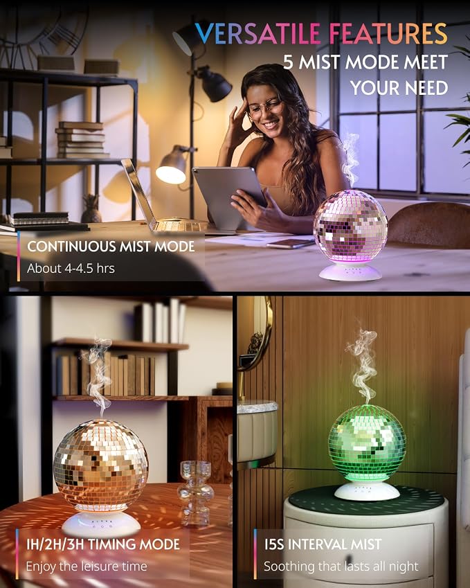 Mirror Essential Oil Diffuser Rotating, 14 Ligth Modes 4 Timer Setting Aromatherapy Diffuser, Cute Home Disco Decor Great Decoration and Accessories for Disco Party, Room, Office