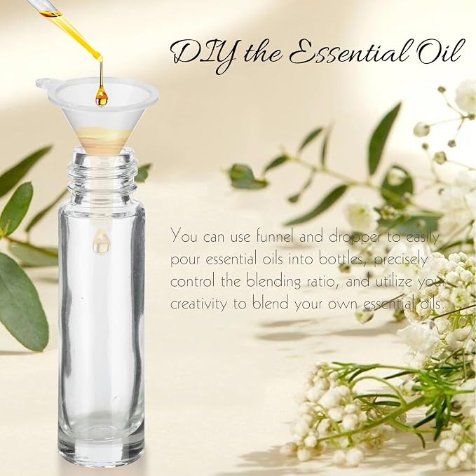 10ML Essential Oil Roller Bottles, 4 Pack Clear Gold Oil Roller Bottles for Essential Oils, Roll on Bottle with Stainless Steel Balls(4 Labels, Opener, Funnel, Dropper Included)