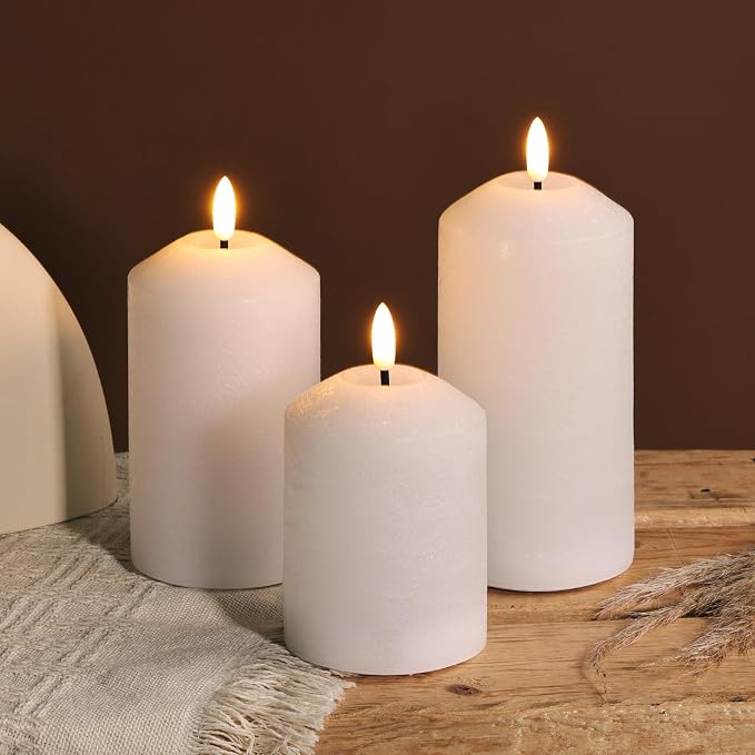 White Flameless Pillar Candles with Remote, Real Wax LED Candles Battery Powered Flickering Set of 3