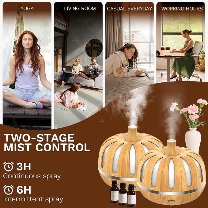Essential Oil Diffuser 300ml for Home Bedroom, Aromatherapy Oil Diffuser with 3H 6H Timer, 7 Color Light, USB Type-C, Pumpkin Design, Auto Shut-Off(Light Woodgrain, Pumpkin)