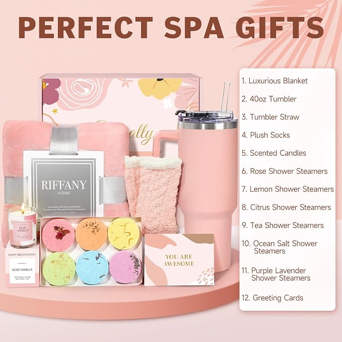 Suhctuptx Self Care Gifts for Women, Unique Birthday Gifts for Women, Relaxing Spa Set Get Well Soon Basket Care Package with 300GSM Blanket 40oz Tumbler for Mom Best Friend Sister