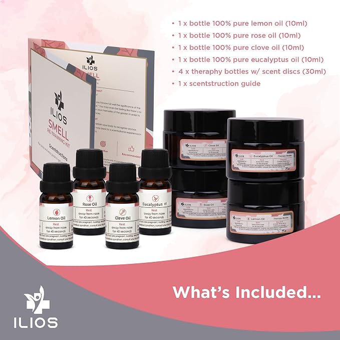 Ilios Olfactory Smell Training Kit, 4 Essential Oils, All Natural Stimulating Aromatherapy for Loss of Senses with Lemon, Clove, Rose, Eucalyptus, and Accessories