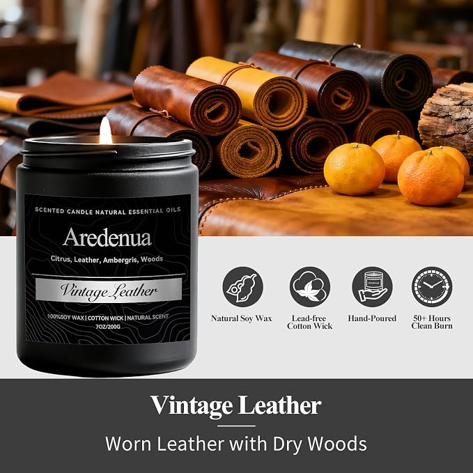Vintage Leather Candle | Manly Candles for Home Scented, Masculine Candle for Men, Aromatherapy Gifts for Him - 7oz Soy Candles with 50 Hours Burn Time, Perfect for Relaxing