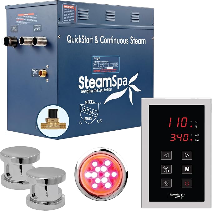 12kW Steam Sauna Generator Sentry Series 240V Steam Generator with Touch Screen, Steamhead, Built-in Steam Shower Auto Drain, ACU Quickstart Steam Bath Generator (Chrome)