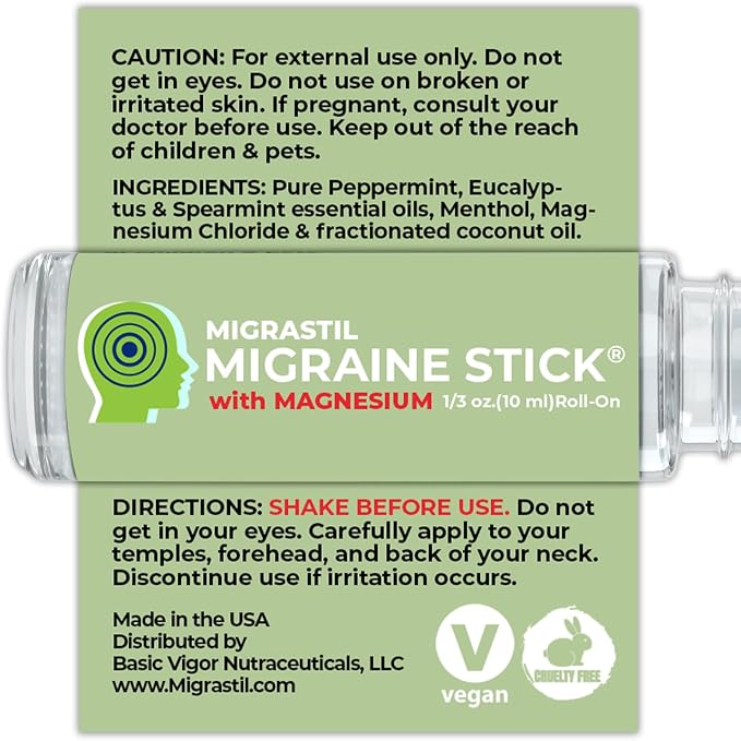 Migrastil Migraine Stick with Magnesium Cooling Peppermint Eucalyptus Essential Oil Topical Magnesium for Headache Support. Made in The USA 10 ml 2-Pack