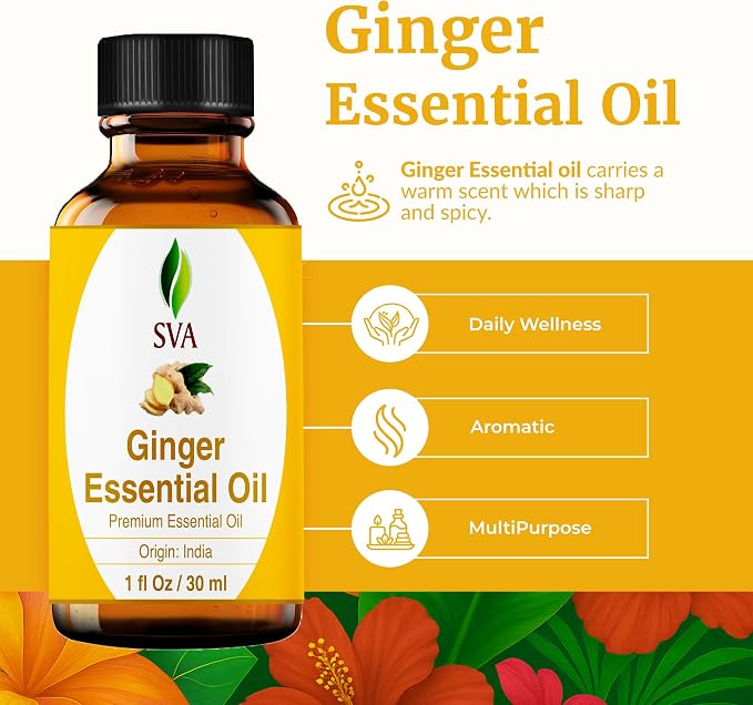 SVA Ginger Essential Oil 1 Fl Oz – for Diffuser, Skin & Hair Care – Ideal for Massage & DIY Blends - with Dropper