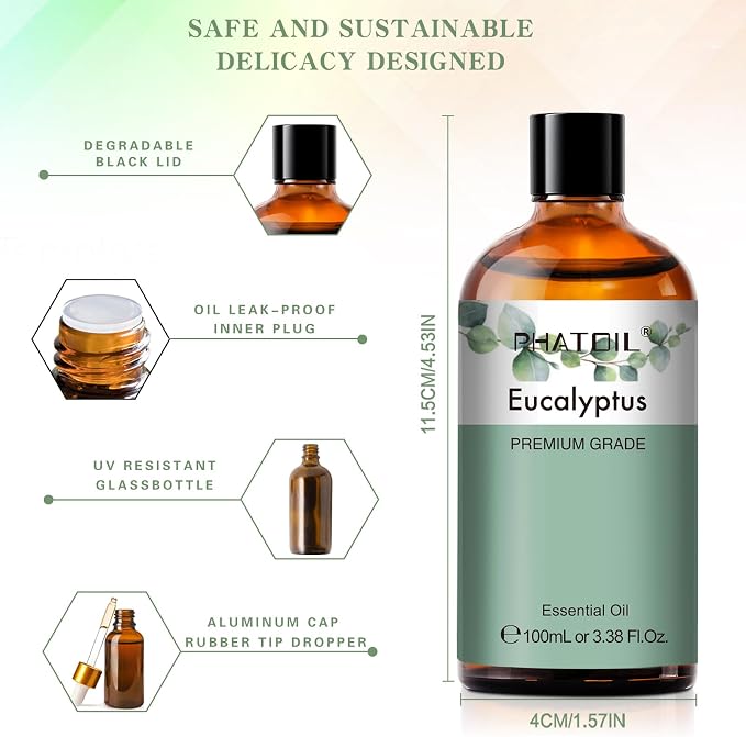 PHATOIL Pure Eucalyptus Essential Oil, 100% Pure Therapeutic Grade Premium Oil for Hair Care, Skin, Aromatherapy 3.38Fl Oz