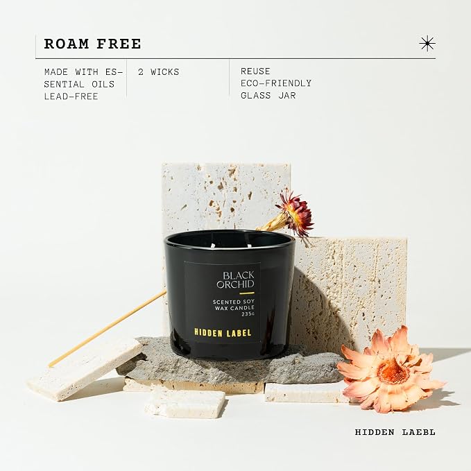 Hidden Label Black Orchid Scented Candle, 100% Cotton Lead-Free Wick,Sustainable Wood Lids,Candles for Home Scented,8.3 Oz