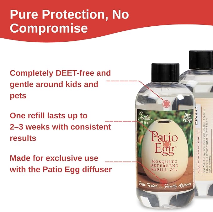 Skeeter Screen 90602 Patio Egg Refill Oil – 8 Fl Oz Bottle – Essential Oil Blend with Geraniol & Lemongrass – for Use with Patio Egg Diffuser – DEET-Free, Long-Lasting, Natural Scent
