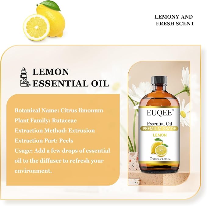 EUQEE Lemon Essential Oil with Glass Dropper, Great for Aromatherapy, DIY Soap, Humidifier, Candle Making(4Fl oz/118mL)