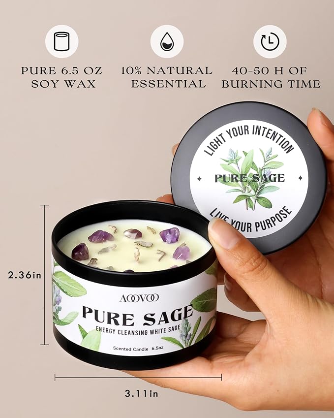 AOOVOO 4 Pack Sage Candles - Sage, Palo Santo, Sage & Palo Santo, Eucalyptus Mint Candle Set with Crystals & Decor, 26oz 200 Hours Long Lasting, Non Toxic Candles for Spiritual House Energy Cleansing