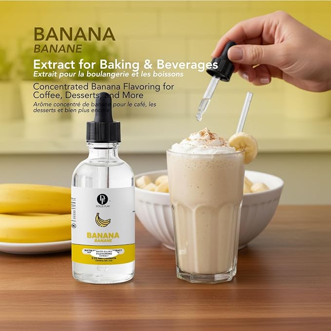 Dolce Flav Natural Banana Extract – 2 oz Water-Soluble Pure Banana Flavoring Drops for Baking, Smoothies & Desserts | Sugar Free, Allergen Free, Kosher | Made in USA