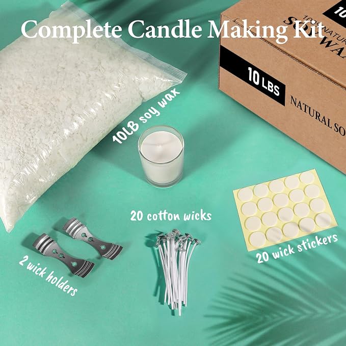 SAEUYVB Natural Soy Candle Wax for Candle Making, 10lb Bag, Premium Soy Wax Flakes, 20 Cotton Candle Wicks, 20 Wick Stickers and 2 Centering Devices ﻿
