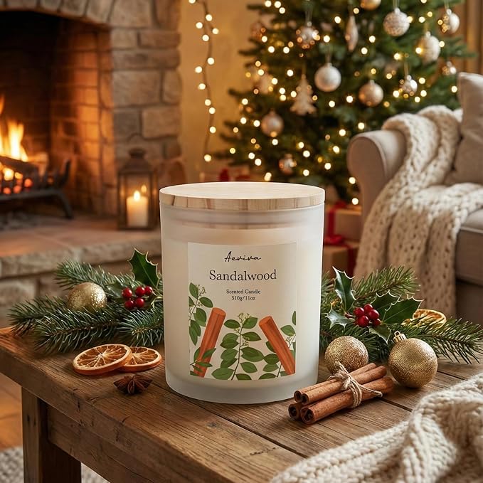 Sandalwood Scented Candle, 11oz 60 Hour Burn, Natural Soy Wax with Thick Cotton Wick, Highly Scented Aromatherapy Candle for Stress Relief & Meditation, Gifts for Women & Men