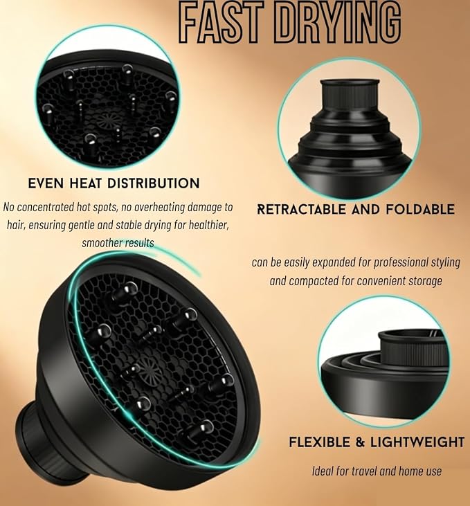Silicone Hair Dryer Diffuser, Universal Collapsible Diffuser, Foldable Blow Dryer Diffuser for Curly Hair, Portable Hair Diffuser Styling Tool for Frizz-Free Curls & Waves (Black)