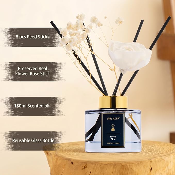 Airkeep Flower Reed Diffuser Set, Fresh Pine Diffuser Set, 5.07 Fl.oz (150ml), Home Fragrance, Bathroom, Bedroom & Home Décor, Air Freshener
