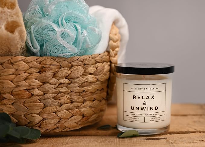 Sandalwood Candles | Purpose-Driven Soy Scented | Fragrance for Home | 8oz Long Lasting Scented | Non-Toxic | Aromatherapy | Gifts for Women | Be Light Candle RE (Relax & Unwind)