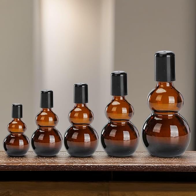 Essential Oil Roller Bottles, 10ml Amber Gourd Shaped Glass Roller Bottles with Stainless Steel Roller Ball, for Travel,Perfume (Amber-Black Cap, 10ML)