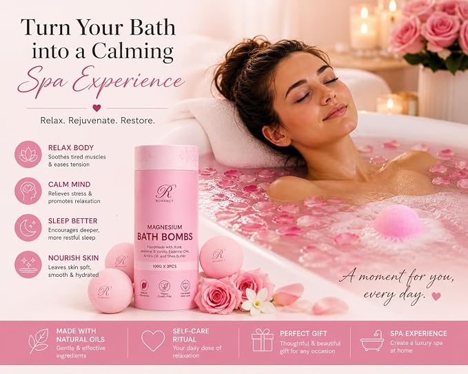 Magnesium Bath Bombs Rose Gift Set for Women & Men – Rose, Jasmine & Vanilla Essential Oils – Epsom Salt for Stress Relief, Muscle Recovery & Post-Workout Relaxation – Sleep Support Spa Self Care