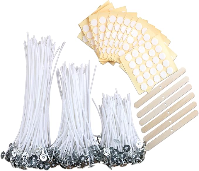 MILIVIXAY 300pcs Cotton Candle Wicks (3.5"/6"/8"), 300pcs Stickers, 6pcs Wooden Wick Holders - Candle Making Kit