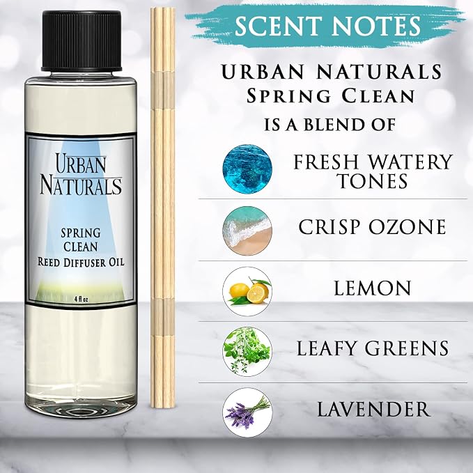 Urban Naturals Spring Clean Reed Diffuser Oil Refill Kit | Fresh, Crisp Fragrance of Lemon, Leafy Greens & Lavender | Essential Oil Room Scent Replacement Liquid with Reed Sticks | Made in the USA