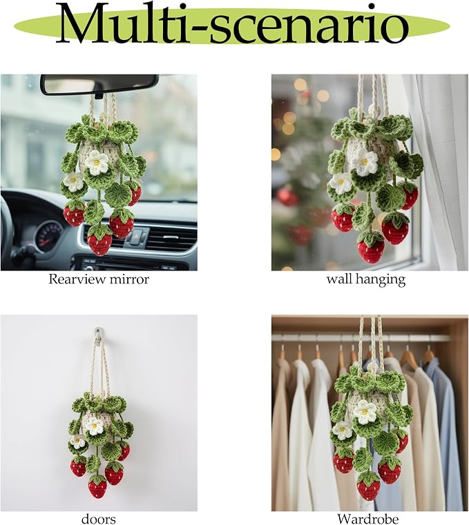Crochet Car Air Freshener Hanging, Cute Hanging Plant for Cars, Crochet Strawberry Plant with 10ml Empty Refillable Oil Diffuser Bottle, Handmade Boho Car Ornament Charms for Rear View Mirror, Red