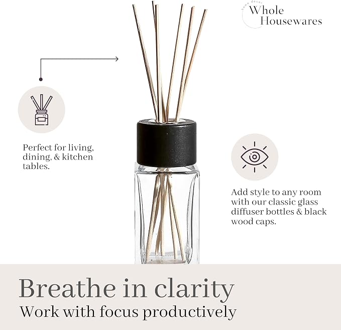 WHOLE HOUSEWARES Natural Diffuser Reeds Bottles Sticks | Clear Glass Home Décor for Kitchen and Living Room | Black Wood Caps | Décorative Fragrance Set with Long Lasting Aroma - Set of 4