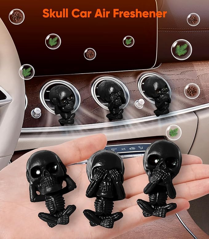 Skull Car Air Freshener Vent Clips, Goth Decor Interior, Gothic Halloween Cool Decoration Horror Skeleton Dashboard Accessories Spooky, Cute Funny Gifts for Men Women