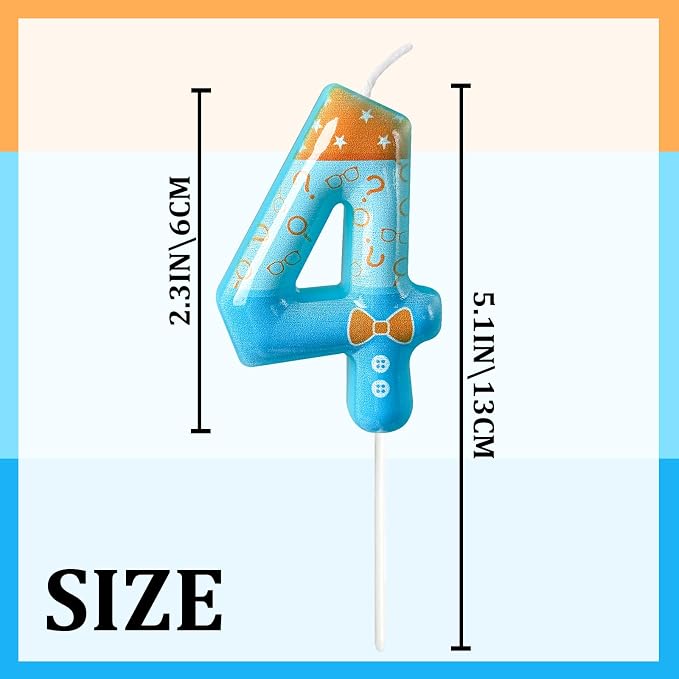 Number 4 Birthday Candle for Cake – Blue Cartoon Outfit Style with Bow Tie, Question Mark & Star Pattern – Fun Cake Topper Decoration for Celebration