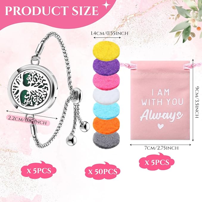 Yinkin 5 Set Essential Oil Diffuser Bracelet Gift for Mother Day Anxiety Relief Gifts 50 Pcs Refill Pads Stainless Steel Aromatherapy Locket for Mother Gift