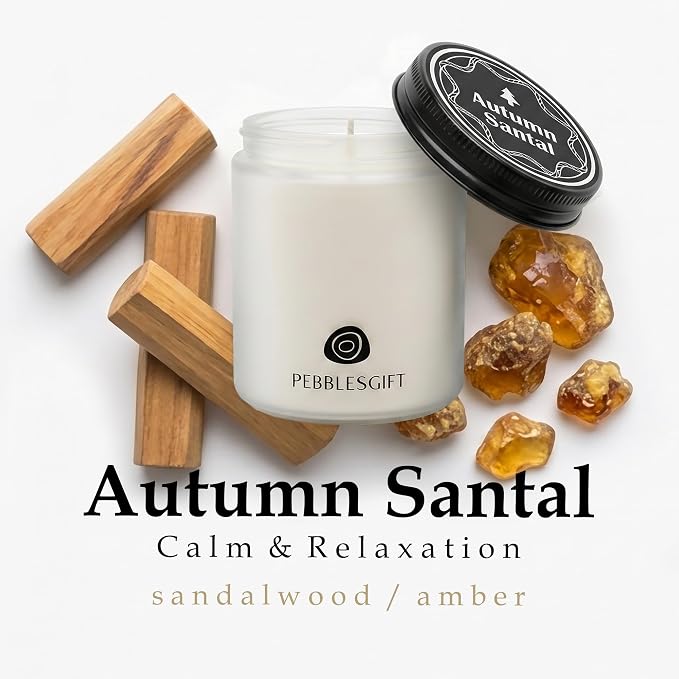 Autumn Santal Woody Scented Candle 9oz Soy Wax Frosted Glass Jar for Home Decor - Scent Hunter Scented Card Included - Ideal Gift for Self-Care & Relaxation for Men & Women Gift