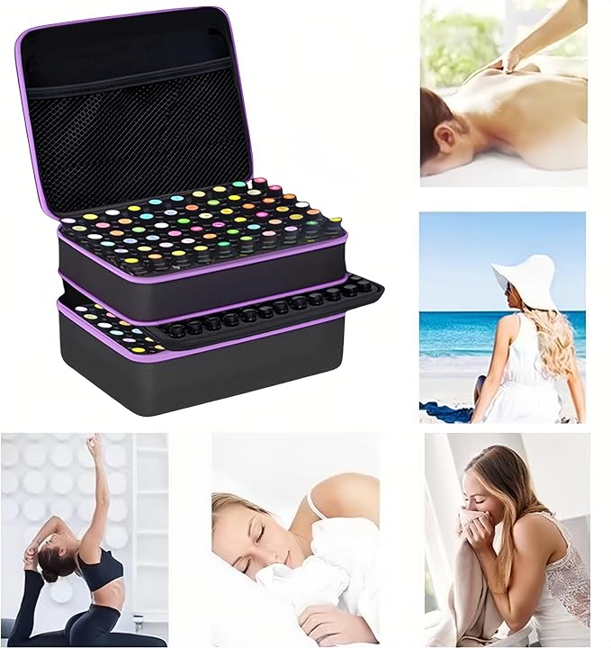 204 Slots Essential Oil Organizer Case, Hard Shell Storage Box for 1ml-15ml Bottles, Extra Large Double Layer Portable Travel Bag for Aromatherapy Vials & Peptides, Black with Purple