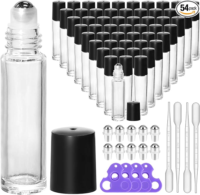 KEYWING 54 Pack Clear Essential Oil Roller Bottles – 10ml Glass Roll-On Bottles with Stainless Steel Roller Balls & Caps, Refillable Perfume Containers for Travel & DIY