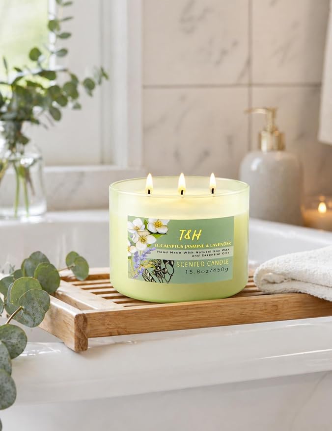 Eucalyptus Jasmine Lavender Scented Candle | 3-Wick Large Soy Candle for Home, 15.8 oz | Eucalyptus & Lavender Aromatherapy Candle | Self Care Gifts for Women, Candles for Men
