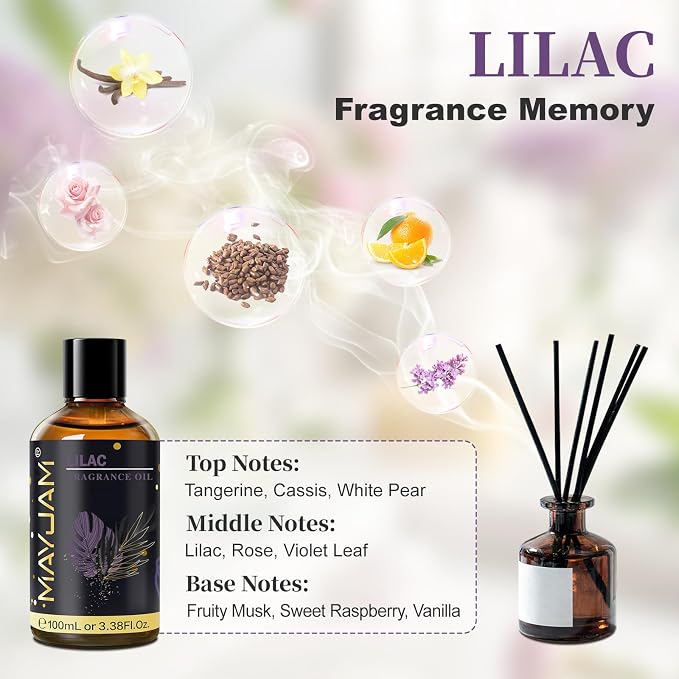 Lilac Fragrance Oil Essential Oil, MAYJAM 3.38FL.OZ Lilac Oil for Diffusers for Home, Long Lasting Scented Oils for Soap Candle Making - 100ML
