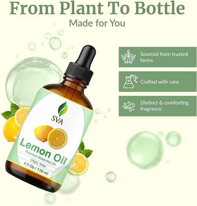 SVA Lemon Essential Oil – 4 Fl Oz - for Diffuser, Skin & Hair Care – Ideal for Massage & DIY Blends – with Dropper