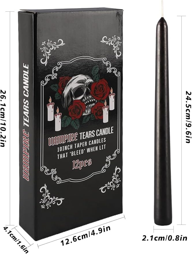 12PCS 10-Inch Black Bleeding Taper Candles,Vampire Tears Taper Candles- Unscented Ideal for Gothic Rituals Halloween, Christmas, Rituals, and Themed Party Decor