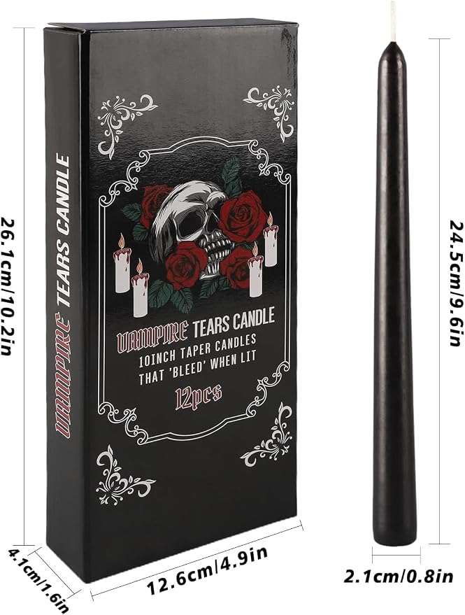 YOROXRG 12PCS 10-Inch Black Bleeding Taper Candles,Vampire Tears Taper Candles- Unscented Ideal for Halloween, Christmas, Rituals, and Themed Party Decor