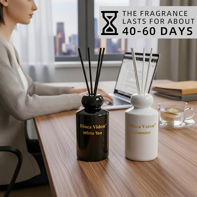 Reed Diffuser Set, Binca Vidou Lavender & White Tea Natural Scent Oil Diffusers with Sticks for Home Office Bathroom Aromatherapy Decor Black&White Series 3.38oz x 2