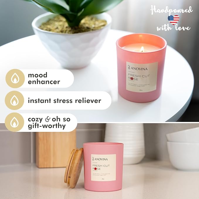 Anovina Rose Scented Candle – Long-Lasting Soy Wax Blend, – Non-Toxic Floral Candle for Home Décor & Relaxation – Aesthetic Gift for Women