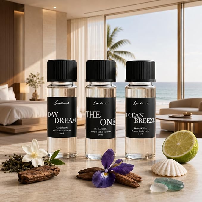 Scentiment Hotel Scents Discovery Set – Day Dream, The One & Ocean Breeze | Fresh, Woody & Marine Fragrance Oils | Luxury Home Scent Kit for Cold Air Diffusers 3 x 0.68 fl oz (20 mL)