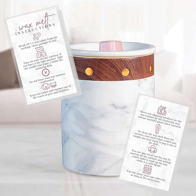 Wax Melt Care Instruction Cards | 50 Pack 2x3.5” Business Card Wax Melt Supplies Homemade Customer thank you for Warmer Minimalist Marble Mauve Pink How To Care for wax cube clamshell wickless candle