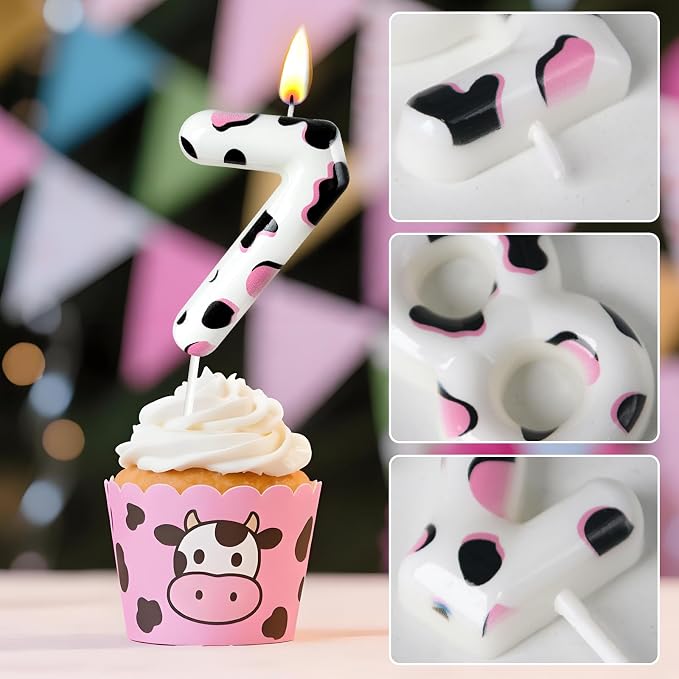 Number 7 Birthday Candle for Cake – Cow Print Design in White Black Pink – Farm Theme & Cowgirl Party Cake Topper Decoration
