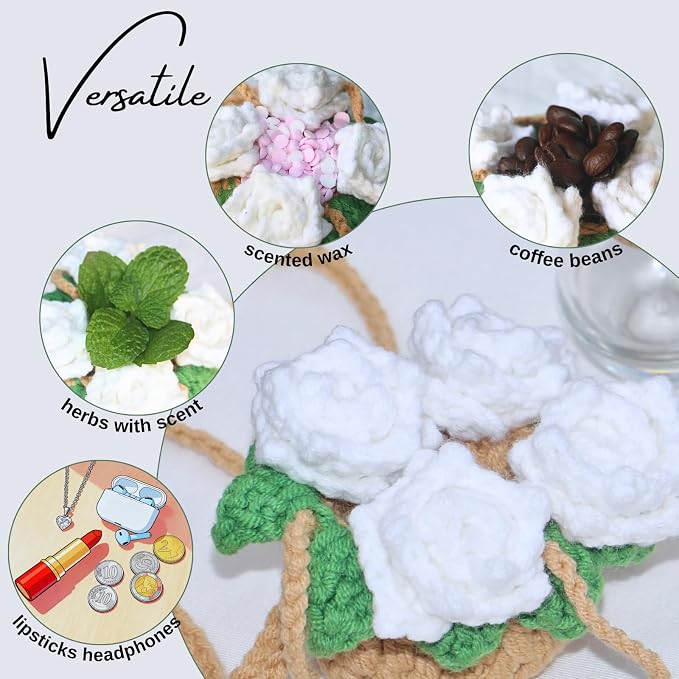 ROFIGL Handmade Crochet Hanging Car Air Freshener - Pure Elegant White Rose Design, 12ml Refillable Thick Glass Bottle, Car Diffuser for Rearview Mirror, Home & Office Minimalist Decor