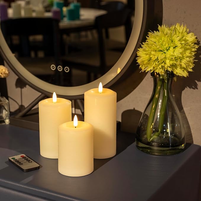 ANGELLOONG Flameless Pillar Candles with Remote, Real Wax LED Candles with Timer, Set of 3 Battery Operated Electric Flickering Candle for Home Decor, Living Room, Bedroom, Party